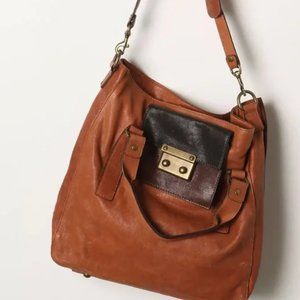 Anthropologie Beracamy Paris Color Block Tan Tote Crossbody Leather Bag Tawny